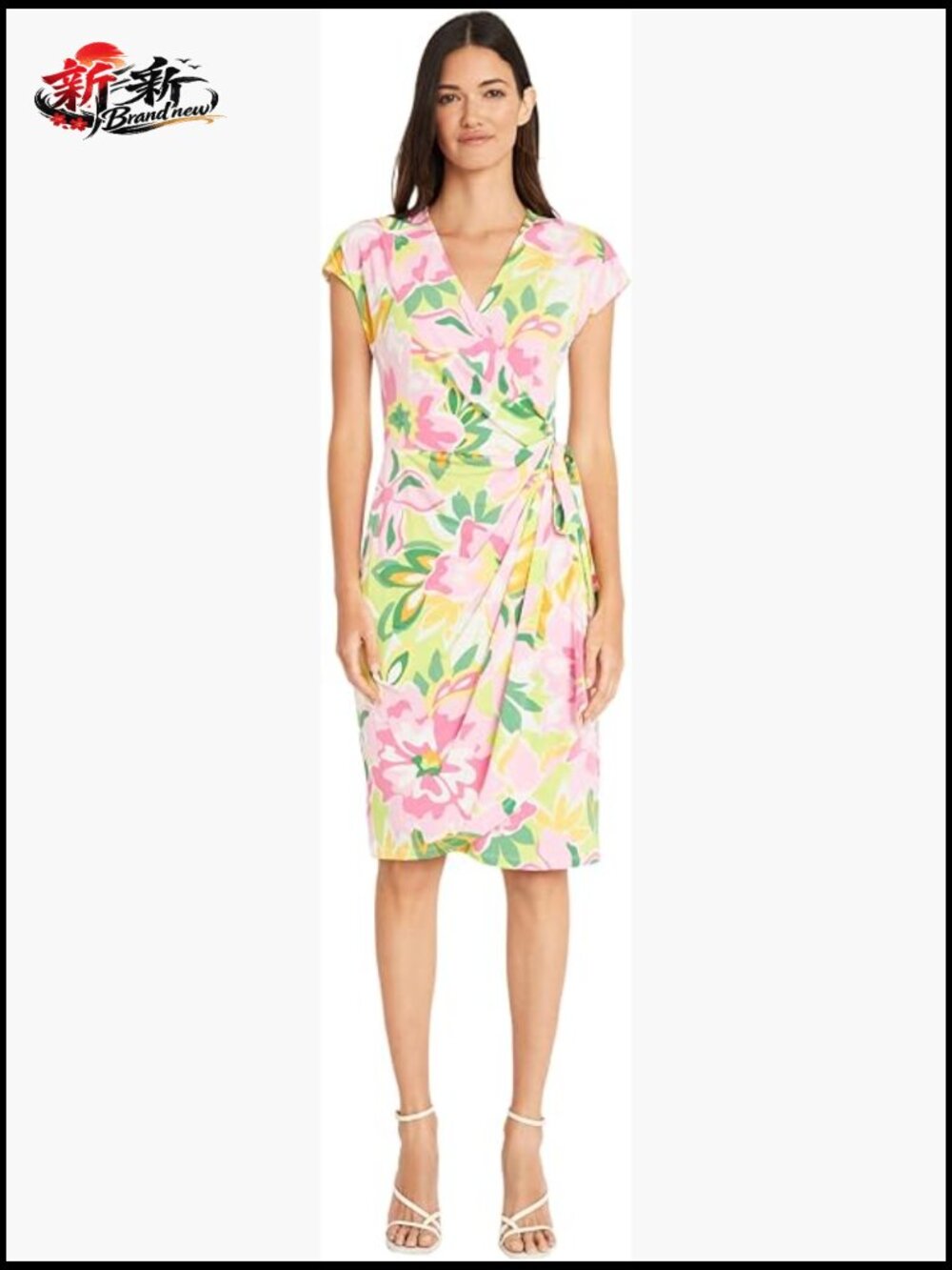 Printed Matte Jersey Wrap Dress with V-Neck Cap Sleeves Knee-Length